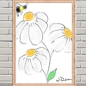 8x10" Watercolor Print Shasta Daisies and Bee (Portrait)